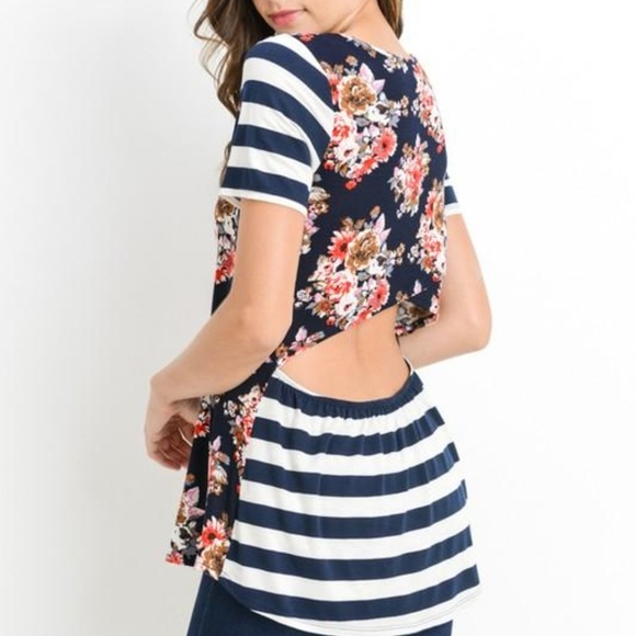 Striped and Floral Open Back Top - Picture 1 of 6